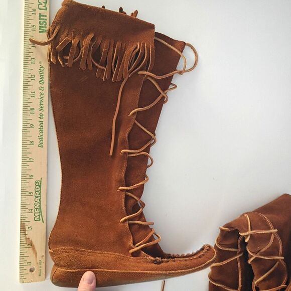 Vintage Minnetonka 1322 Knee High Lace Up Leather Sole Moccasin Boots 7 Boho - Picture 9 of 9
